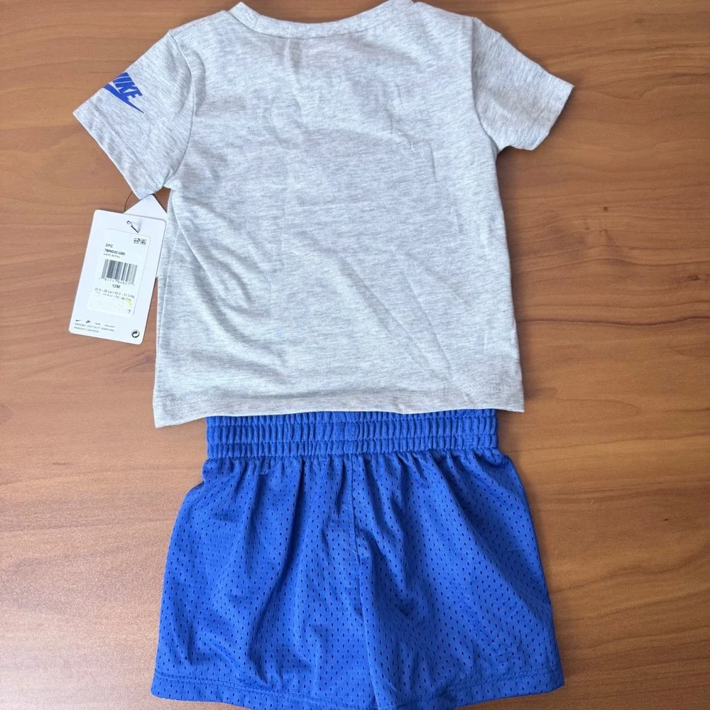 Nike Kids 2-Piece Set Gray Baseball‎ Graphic Tee Blue Mesh Shorts 12M 7MN042-U89